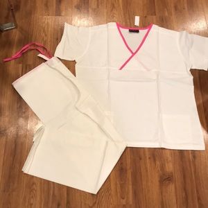 White and pink scrub set